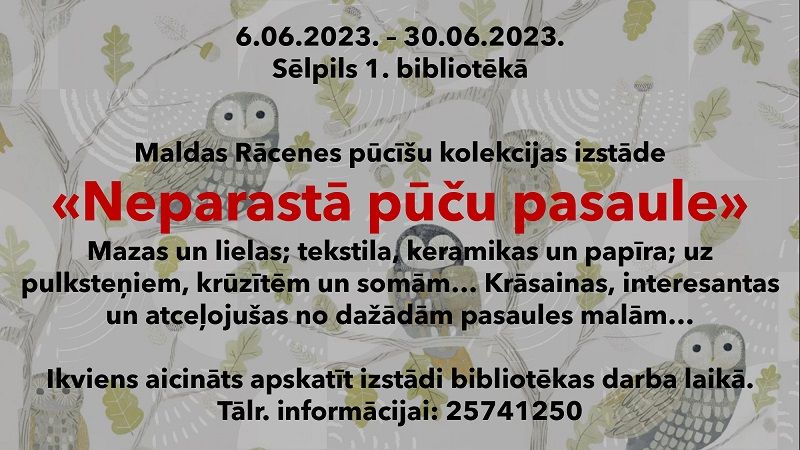 Sēlpils 1. bibliotēkā līdz 30.jūnijam Maldas Rācenes pūcīšu kolekcijas izstāde