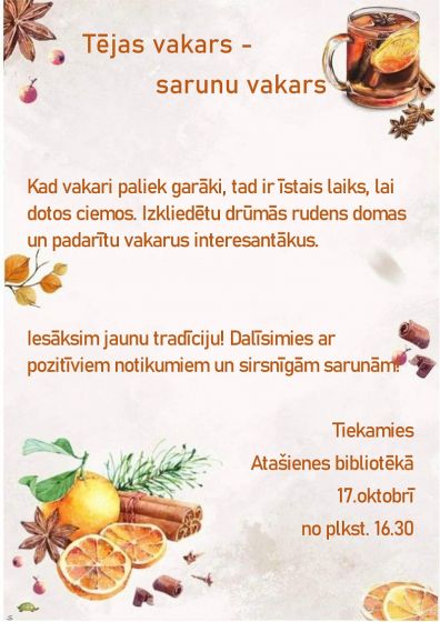 Atašienes bibliotēka aicina uz Tējas vakaru