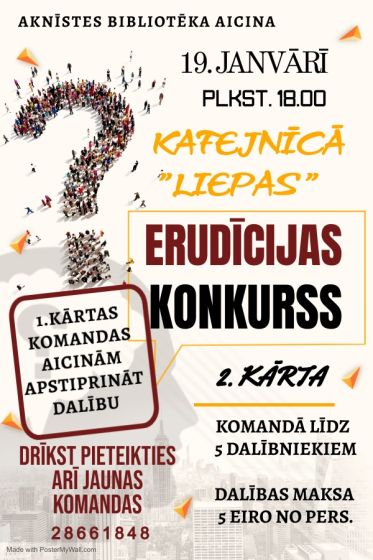 Aknīstes bibliotēka aicina uz Erudīcijas konkursa 2.kārtu