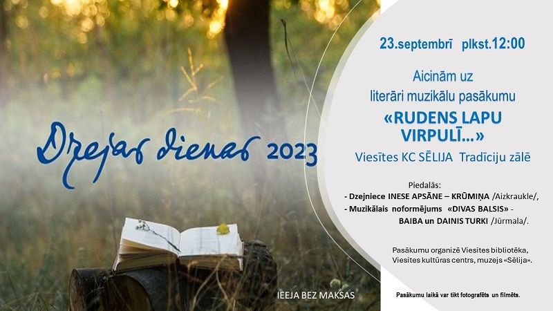 Viesītes bibliotēka 23.septembrī aicina uz literāri muzikālu pasākumu 