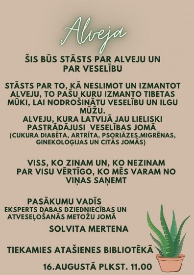 Atašienes bibliotēka aicina uz sarunu ar Solvitu Mertenu par alveju
