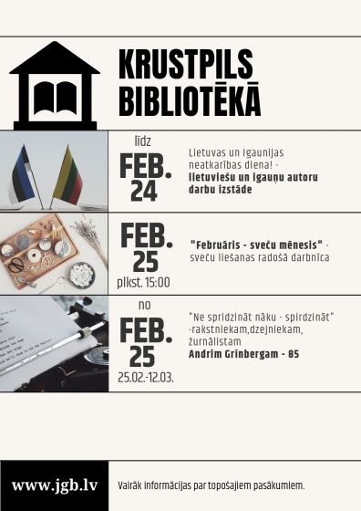 Krustpils bibliotēka februārī aicina uz pasākumiem