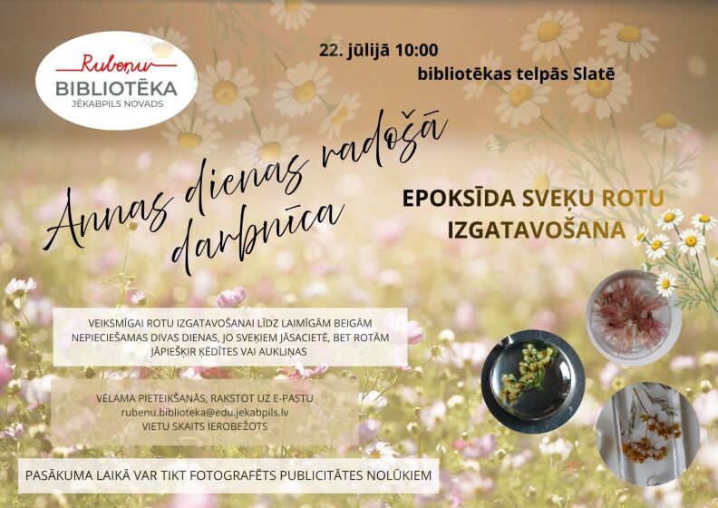 22.jūlijā bibliotēkas telpās Slatē Annas dienas radošā darbnīca