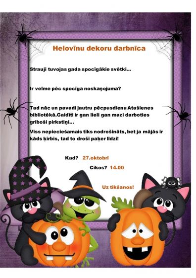 27.oktobrī pl.14.00 Atašienes bibliotēka aicina uz Helovīnu dekoru darbnīcu