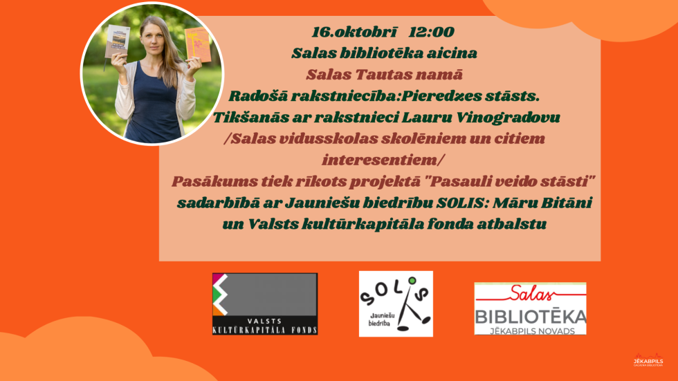16.oktobrī plkst. 12.00 Salas bibliotēka aicina uz tikšanos ar rakstnieci Lauru Vinogradovu