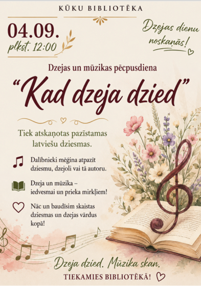 Kūku bibliotēka 4.septembrī plkst. 12.00 aicina uz dzejas un mūzikas pēcpusdienu