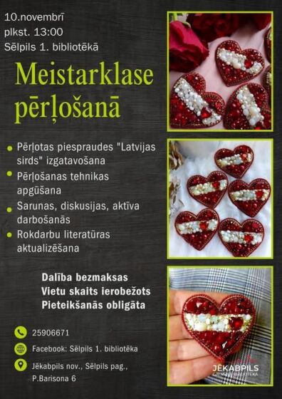 Sēlpils 1.bibliotēka 10.novembrī plkst. 13.00 aicina uz meistarklasi pērļošanā