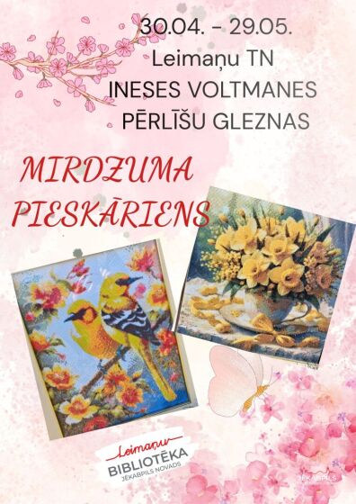 Leimaņu bibliotēka līdz 29.maijam aicina uz Ineses Voltmanes pērlīšu gleznu izstādi Leimaņu Tautas namā