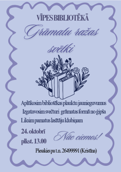 Vīpes bibliotēka aicina uz grāmatu ražas svētkiem 24.oktobrī plkst. 13.00