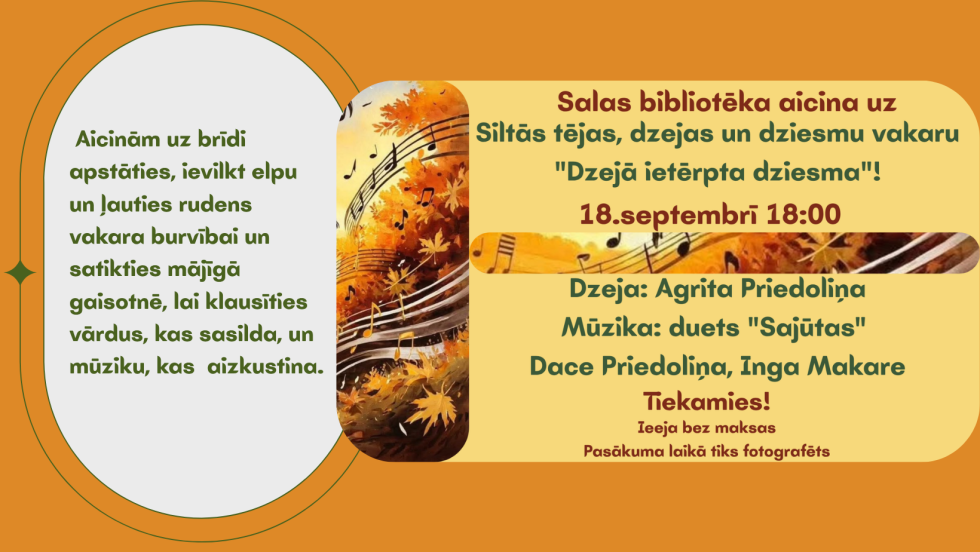 Salas bibliotēka 18.septembrī plkst. 18.00 aicina uz Dzejas dienu pasākumu 