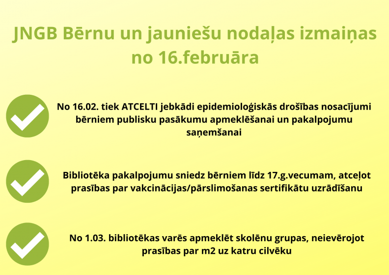 JNGB Bērnu un jauniešu nodaļas izmaiņas no 16.februāra 