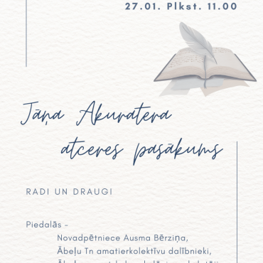 Ābeļu bibliotēka aicina 27.janvārī plkst. 11.00 uz Jāņa Akuratera atceres pasākumu