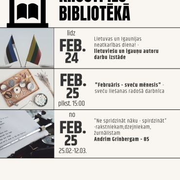 Krustpils bibliotēka februārī aicina uz pasākumiem