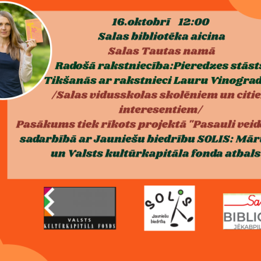 16.oktobrī plkst. 12.00 Salas bibliotēka aicina uz tikšanos ar rakstnieci Lauru Vinogradovu