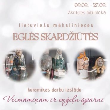 Līdz 27.septembrim Aknīstes bibliotēkā lietuviešu mākslinieces Ėglės Skardžiūtės keramikas figūru izstāde